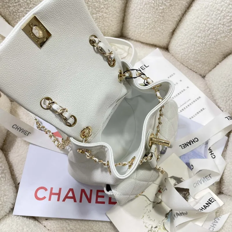 Chanel AS3787 Small Backpack Grained Shiny Calfskin & Gold Tone Metal White