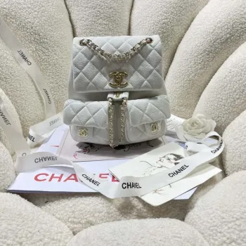 Chanel AS3860 Backpack Grained Shiny Calfskin & Gold Tone Metal White