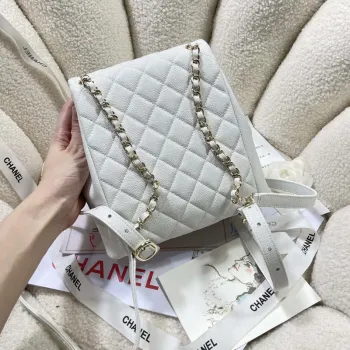 Chanel AS3860 Backpack Grained Shiny Calfskin & Gold Tone Metal White