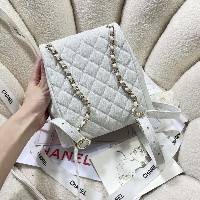 Chanel AS3860 Backpack Grained Shiny Calfskin & Gold Tone Metal White
