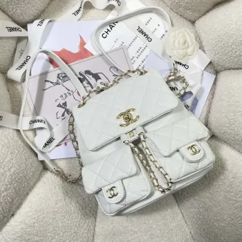 Chanel AS3860 Backpack Grained Shiny Calfskin & Gold Tone Metal White
