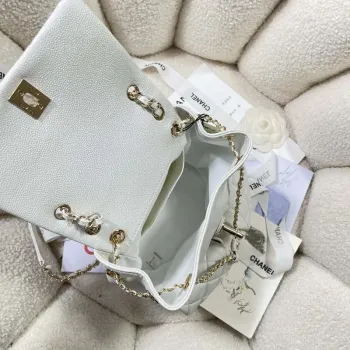 Chanel AS3860 Backpack Grained Shiny Calfskin & Gold Tone Metal White