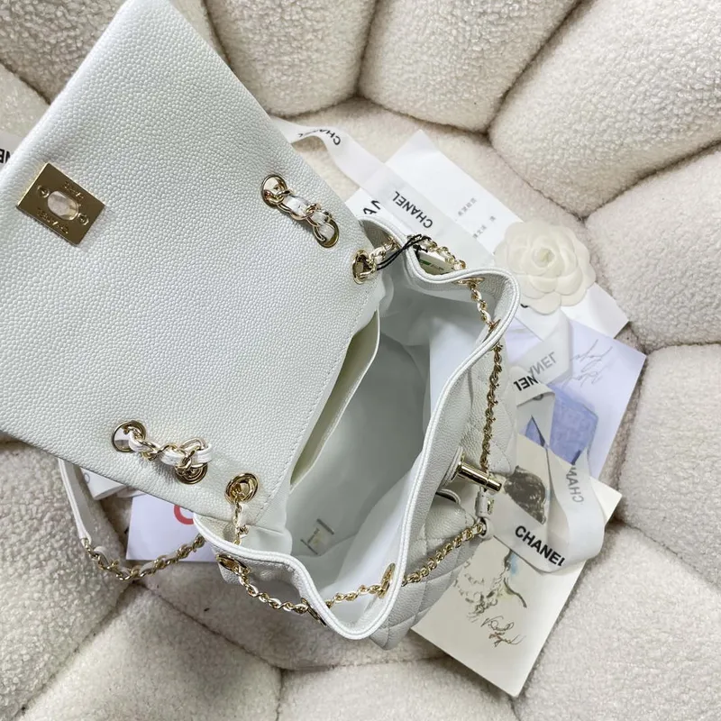 Chanel AS3860 Backpack Grained Shiny Calfskin & Gold Tone Metal White