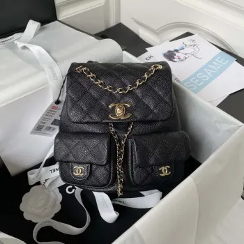 Chanel AS3860 Backpack Grained Shiny Calfskin & Gold Tone Metal Black