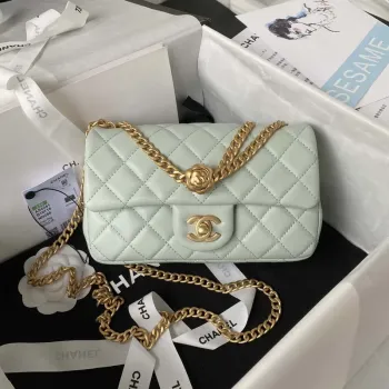 Chanel AS4041 Flap Classic Bag CF Camellia Lambskin Green Gray Gold