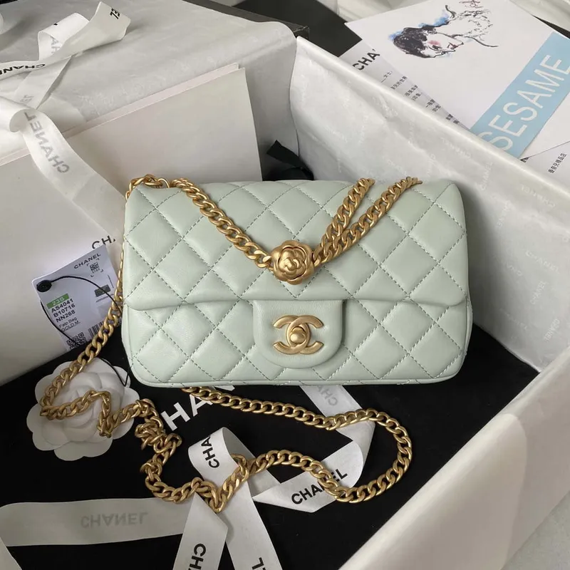 Chanel AS4041 Flap Classic Bag CF Camellia Lambskin Green Gray Gold