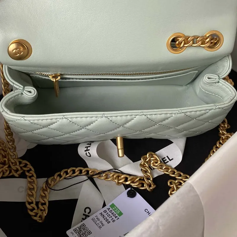 Chanel AS4041 Flap Classic Bag CF Camellia Lambskin Green Gray Gold