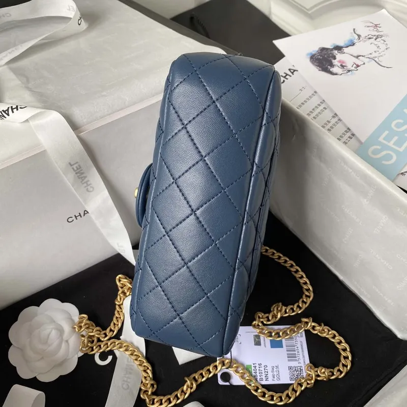 Chanel AS4041 Flap Classic Bag CF Camellia Lambskin Navy Blue Gold