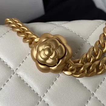 Chanel AS4041 Flap Classic Bag CF Camellia Lambskin White Gold