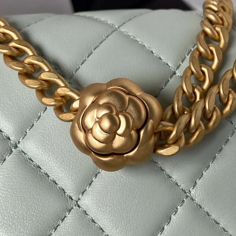 Chanel AS4040 Mini Flap Classic Bag 18 Woc Camellia Lambskin Green Gray