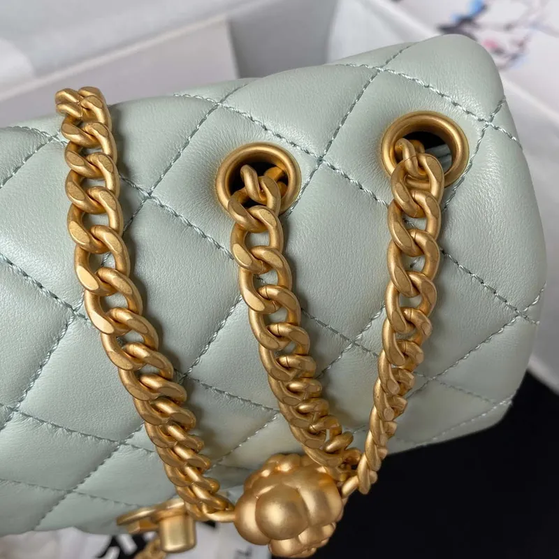 Chanel AS4040 Mini Flap Classic Bag 18 Woc Camellia Lambskin Green Gray