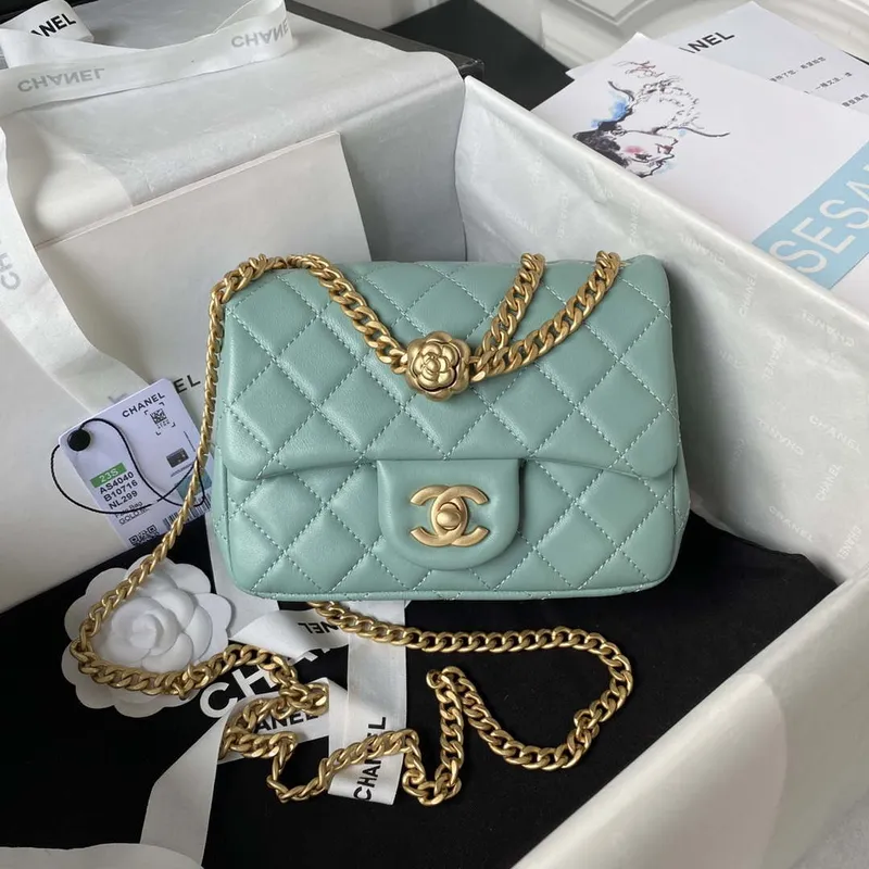 Chanel AS4040 Mini Flap Classic Bag 18 Woc Camellia Lambskin Lake Blue