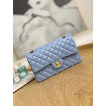 Chanel A01112 Flap Classic Bag Lambskin Light Blue Gold