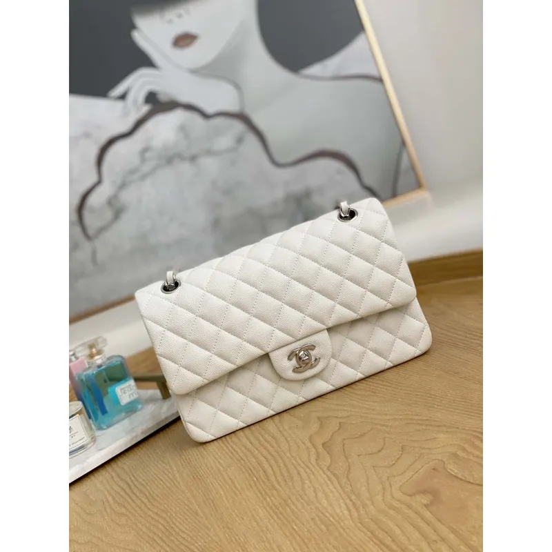 Chanel A01112 Flap Handbag Classic Grained shiny Calfskin White Silver