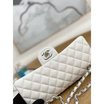 Chanel A01112 Flap Handbag Classic Grained shiny Calfskin White Silver
