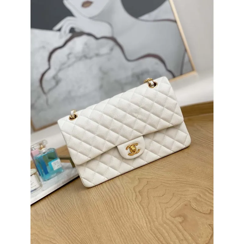 Chanel A01112 Flap Handbag Classic Grained shiny Calfskin White Gold