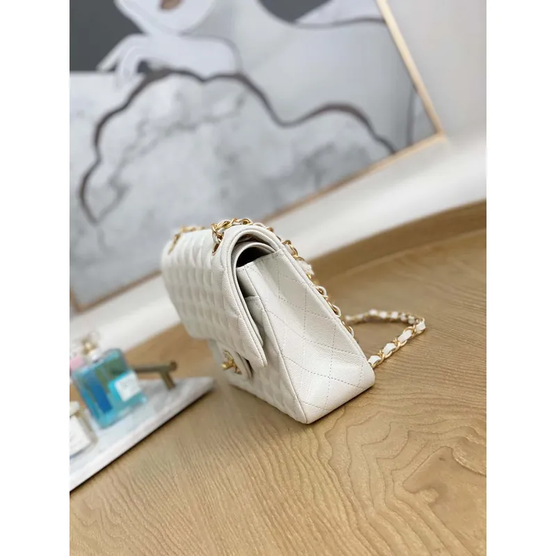 Chanel A01112 Flap Handbag Classic Grained shiny Calfskin White Gold