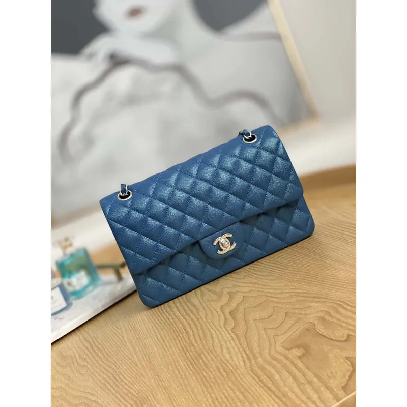 Chanel A01112 Flap Handbag Classic Grained shiny Calfskin Navy Blue Silver