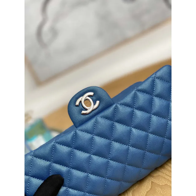 Chanel A01112 Flap Handbag Classic Grained shiny Calfskin Navy Blue Silver