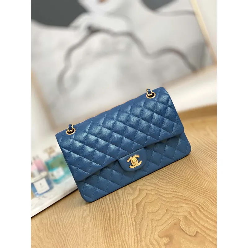 Chanel A01112 Flap Handbag Classic Grained shiny Calfskin Navy Blue Gold