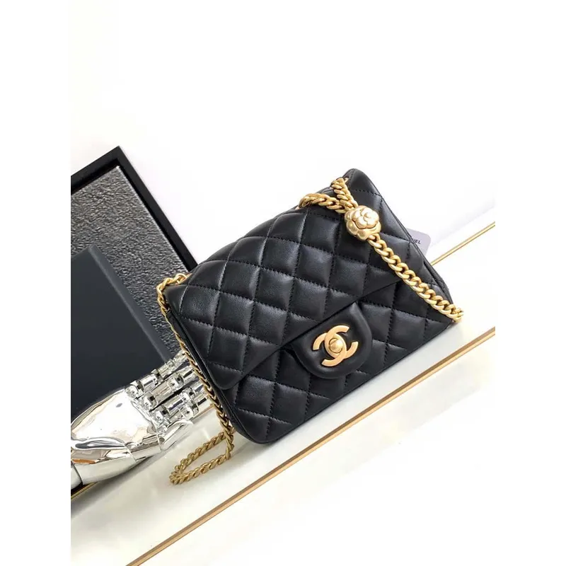 Chanel AS4040 Mini Flap Classic Bag 17 Woc Camellia Lambskin Black