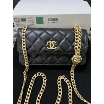 Chanel A68341 Flap Classic Bag Woc Camellia Lambskin Black