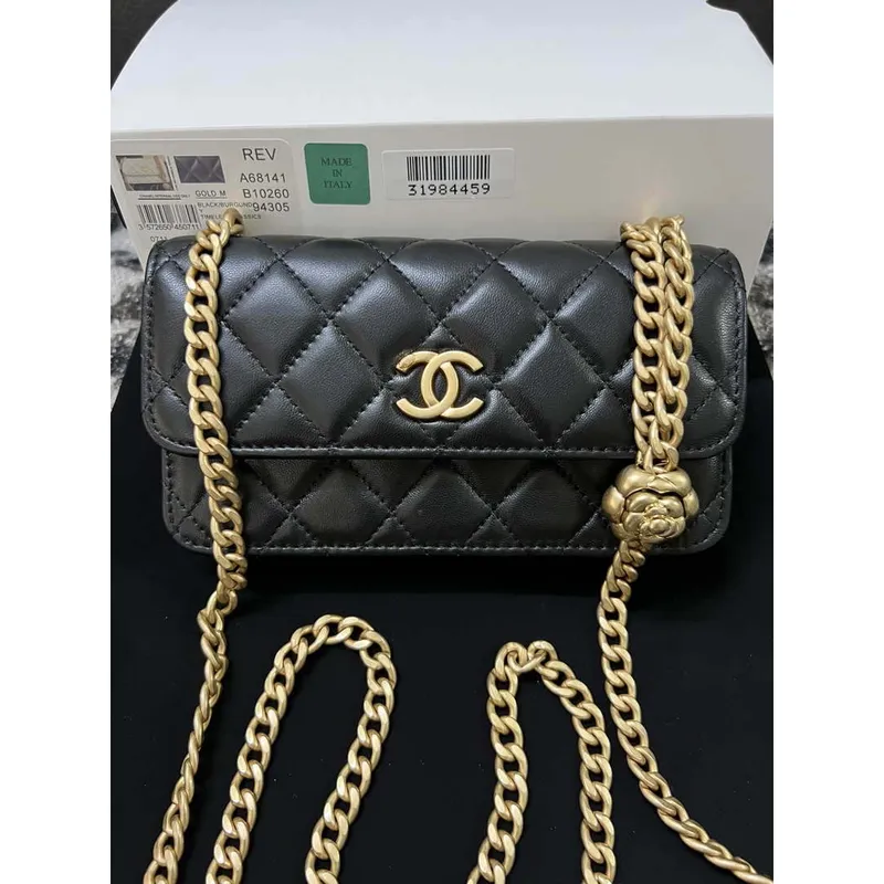 Chanel A68341 Flap Classic Bag Woc Camellia Lambskin Black