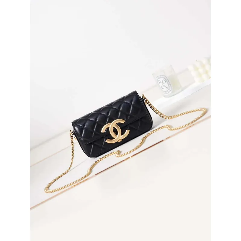 Chanel AP3207 Phone Holder With Chain shiny Lambskin & Gold Tone Metal black