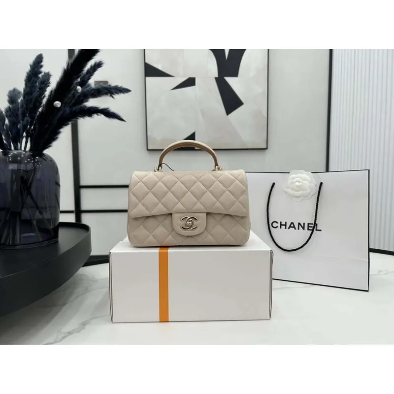 Chanel AS2431 Mini flap Apricot with Brown Lambskin bag with top handle Gold