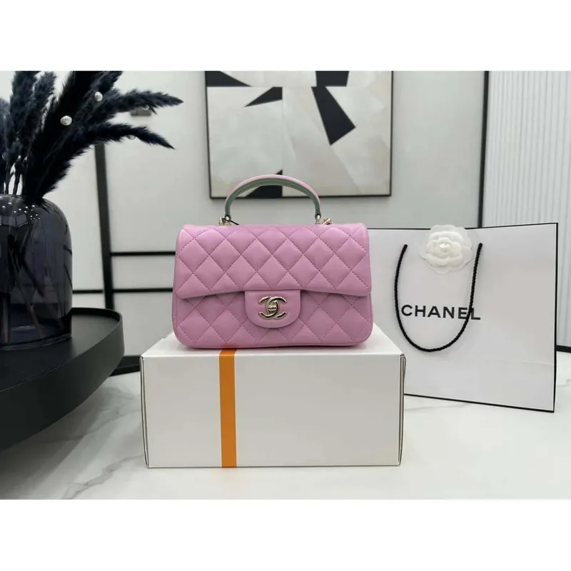 Chanel AS2431 Mini flap Pink with Green Lambskin bag with top handle Gold
