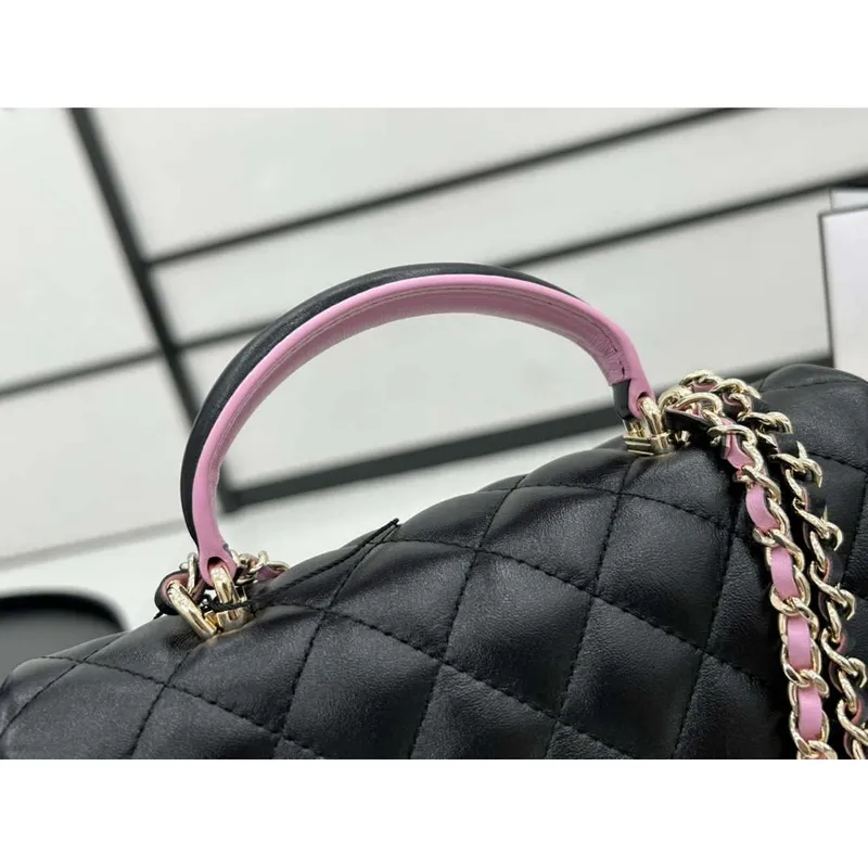 Chanel AS2431 Mini flap Black with Pink Lambskin bag with top handle Gold