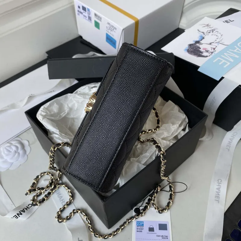 Chanel AP3237 Clutch with chain Grained Shiny Calfskin Gold With Handle Bag Black