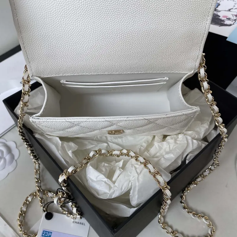 Chanel AP3237 Clutch with chain Grained Shiny Calfskin Gold With Handle Bag White