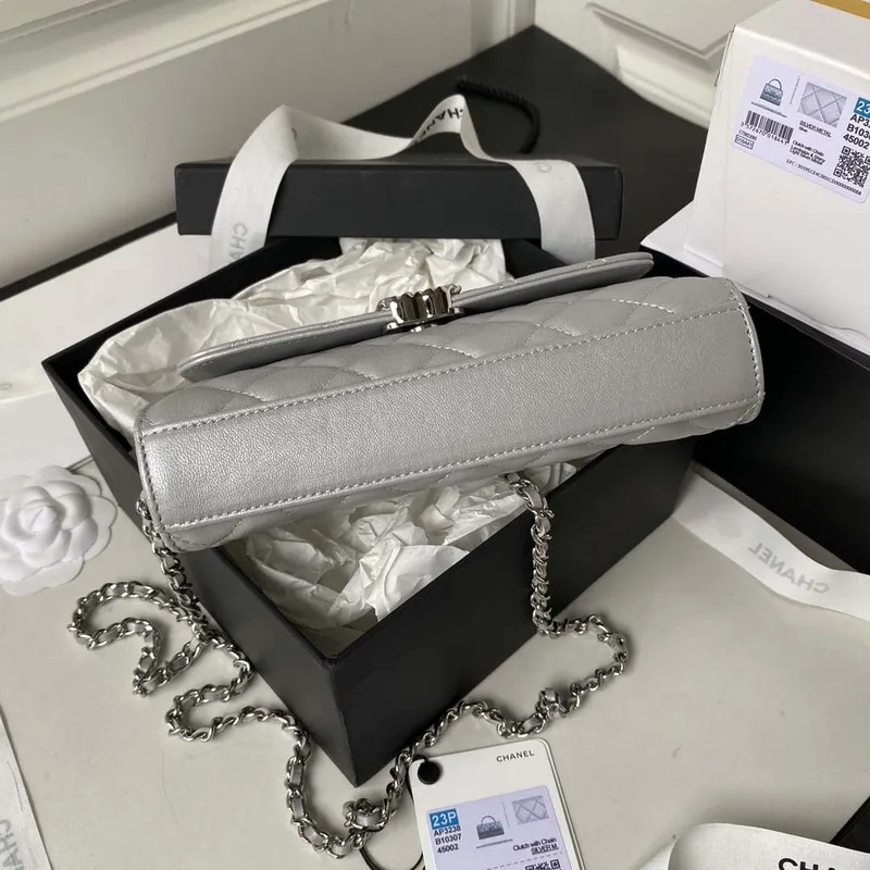 Chanel AP3238 Flap Chain Bag Gray Lambskin Gold With Handle Bag