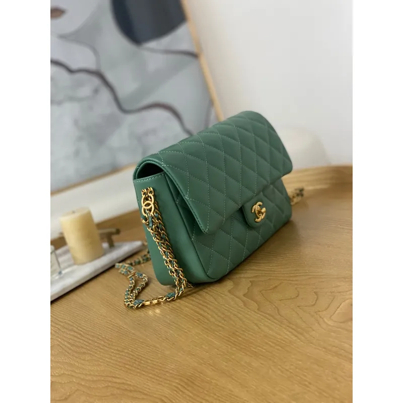 Chanel AS3777 Flap Bag Lambskin & Gold Tone Metal Green