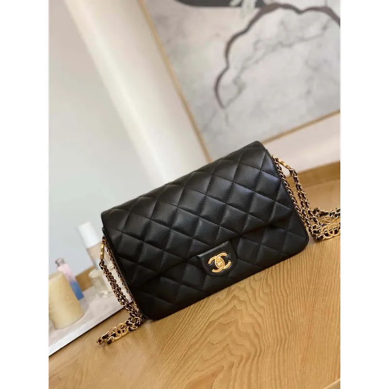 Chanel AS3777 Flap Bag Lambskin & Gold Tone Metal Black