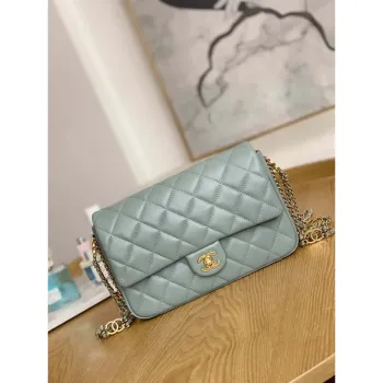Chanel AS3777 Flap Bag Lambskin & Gold Tone Metal Light Blue