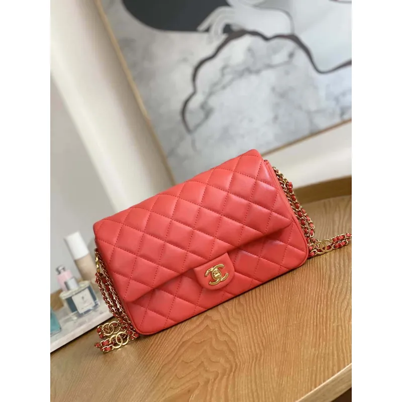 Chanel AS3777 Flap Bag Lambskin & Gold Tone Metal Red