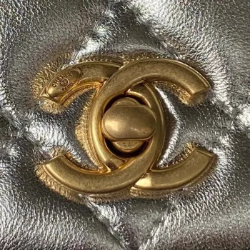 Chanel AP3240 Flap Bag With Top Handle Lambskin & Gold Tone Metal Silver