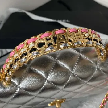 Chanel AP3240 Flap Bag With Top Handle Lambskin & Gold Tone Metal Silver