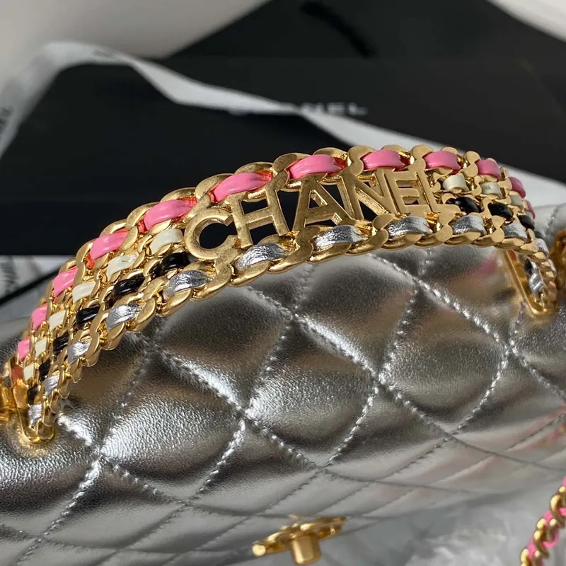 Chanel AP3240 Flap Bag With Top Handle Lambskin & Gold Tone Metal Silver