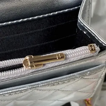 Chanel AP3240 Flap Bag With Top Handle Lambskin & Gold Tone Metal Silver