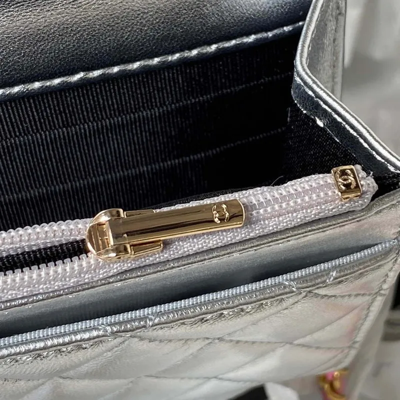 Chanel AP3240 Flap Bag With Top Handle Lambskin & Gold Tone Metal Silver