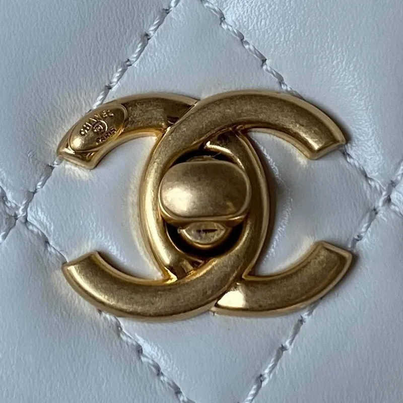Chanel AP3240 Flap Bag With Top Handle Lambskin & Gold Tone Metal White