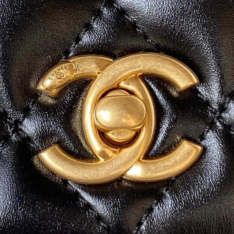 Chanel AP3240 Flap Bag With Top Handle Lambskin & Gold Tone Metal Black