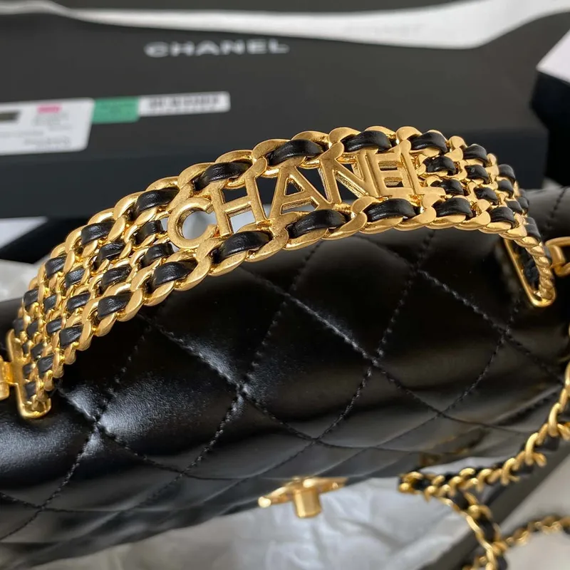 Chanel AP3240 Flap Bag With Top Handle Lambskin & Gold Tone Metal Black