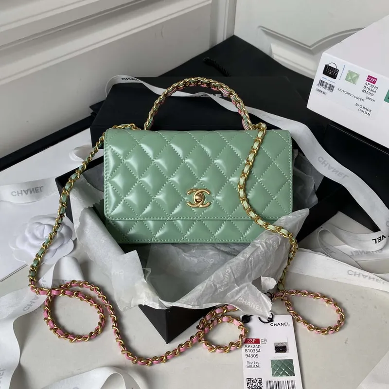 Chanel AP3240 Flap Bag With Top Handle Lambskin & Gold Tone Metal Green