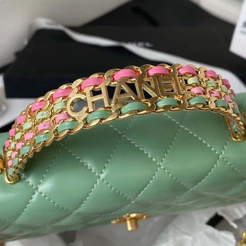 Chanel AP3240 Flap Bag With Top Handle Lambskin & Gold Tone Metal Green