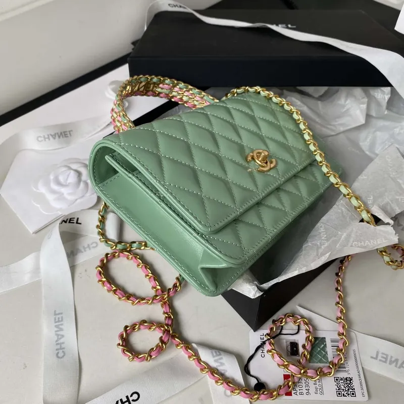 Chanel AP3240 Flap Bag With Top Handle Lambskin & Gold Tone Metal Green