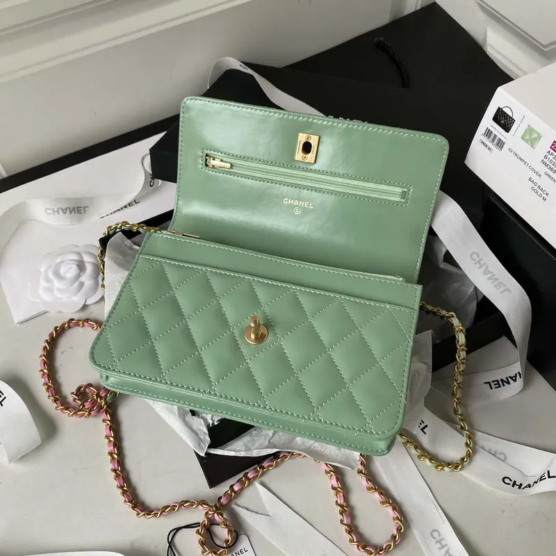 Chanel AP3240 Flap Bag With Top Handle Lambskin & Gold Tone Metal Green